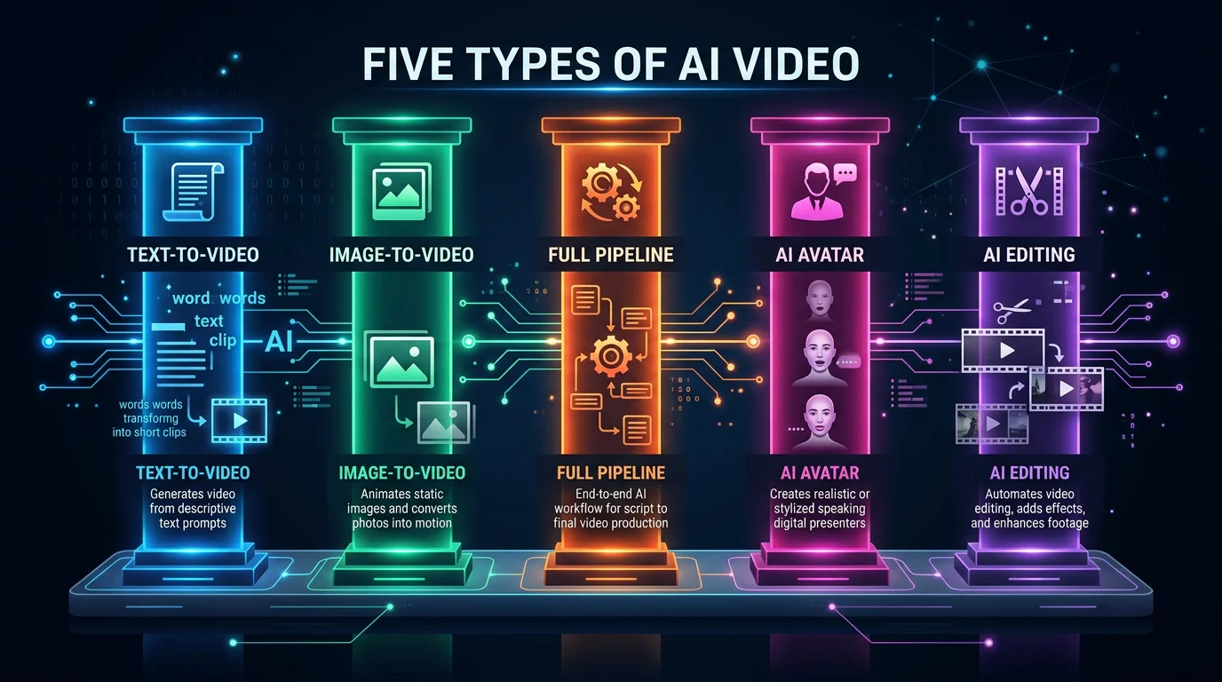 Five types of AI video generation — text-to-video, image-to-video, full pipeline, AI avatar, AI editing