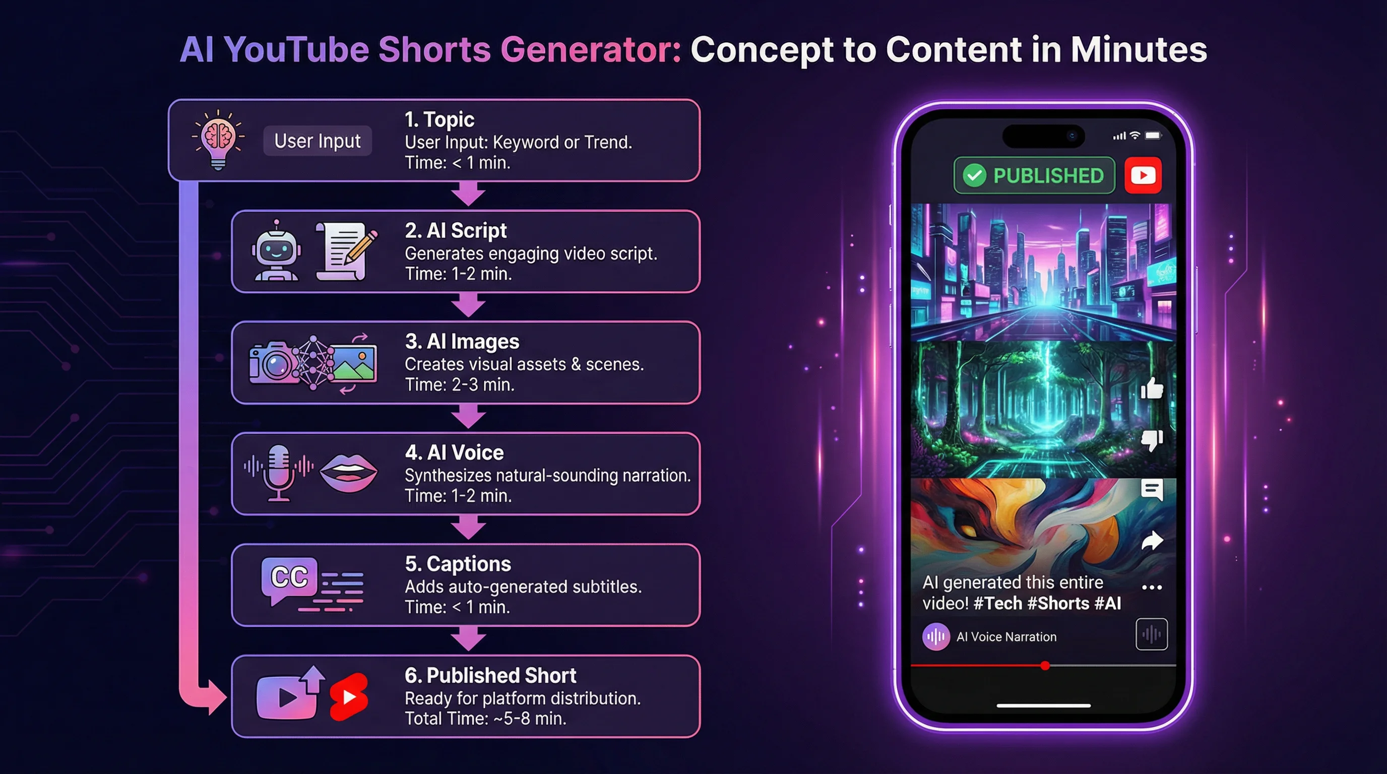 AI YouTube Shorts generator pipeline from topic to published Short