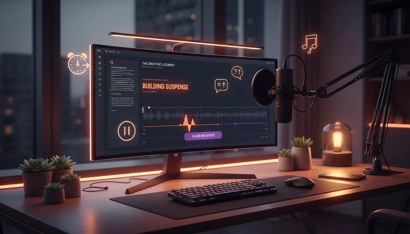 Infographic showing 7 tips for better AI voiceover on YouTube Shorts including script pacing, hook writing, and punctuation for pauses