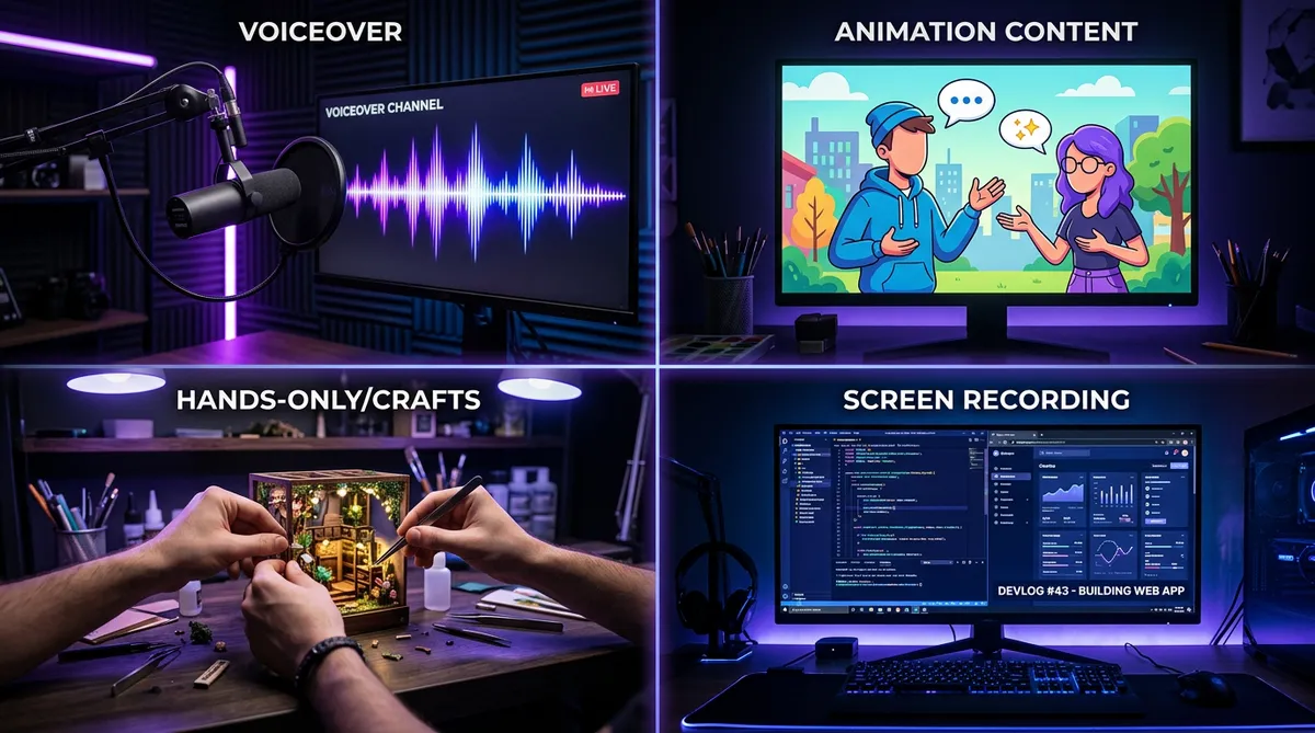 Different faceless YouTube channel content formats including voiceover, animation, screen recording, and hands-only