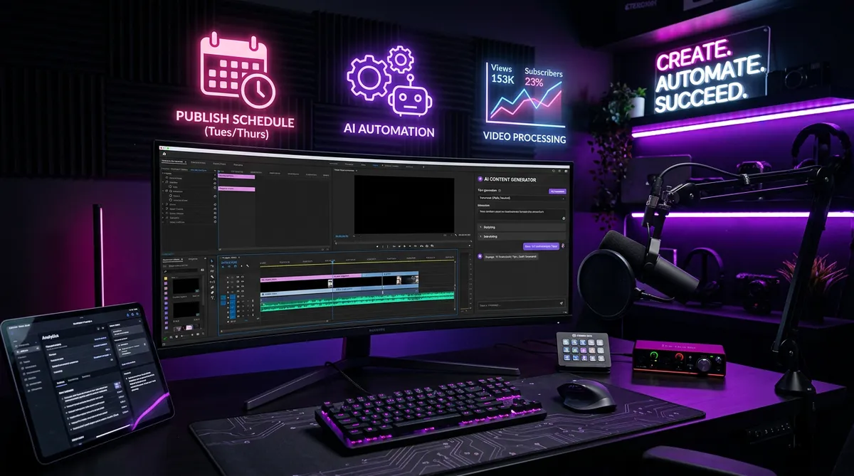Modern workspace for starting a faceless YouTube channel with AI tools and automation