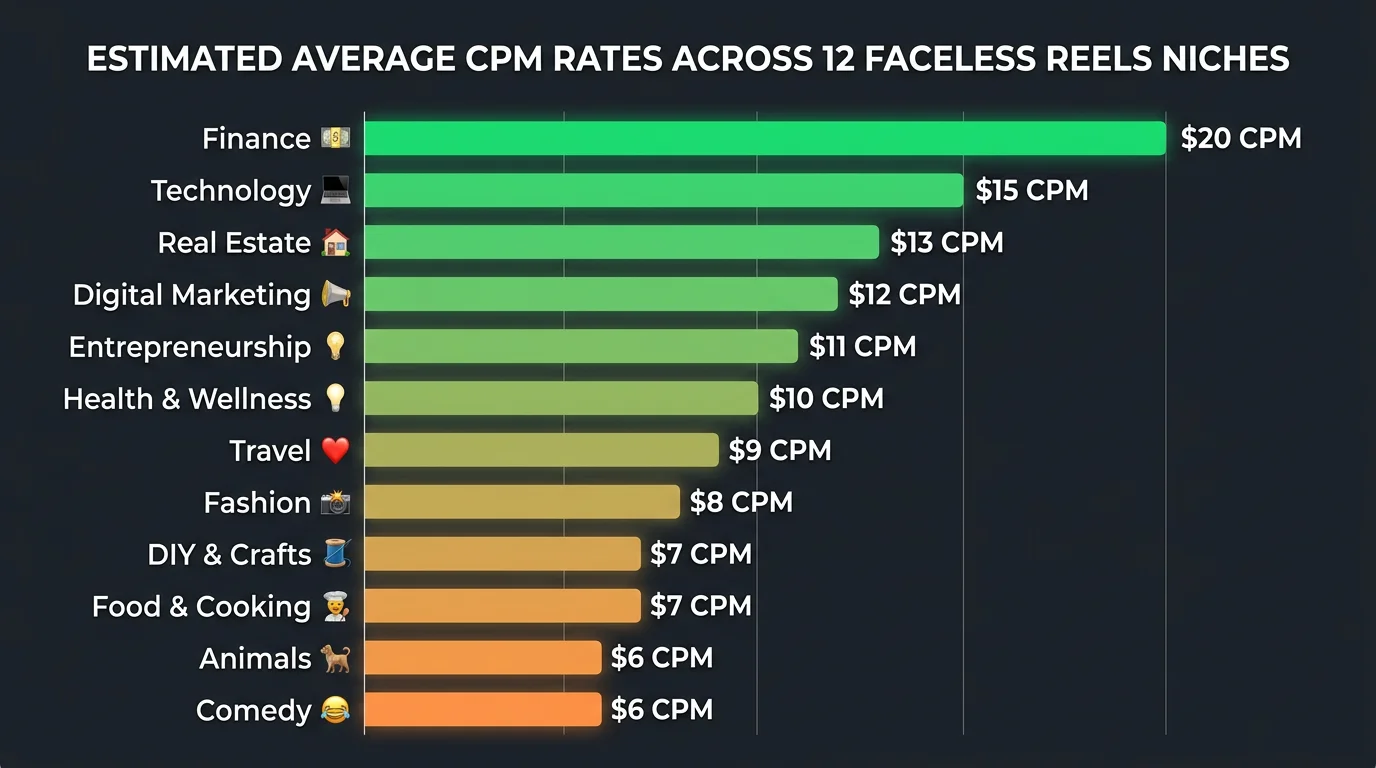 CPM rates by niche for faceless reels — Finance and Technology pay the highest