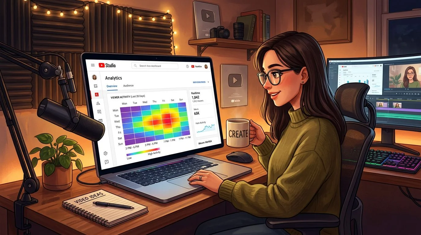 YouTube Studio Analytics audience tab showing when viewers are most active with a heatmap of activity by day and hour