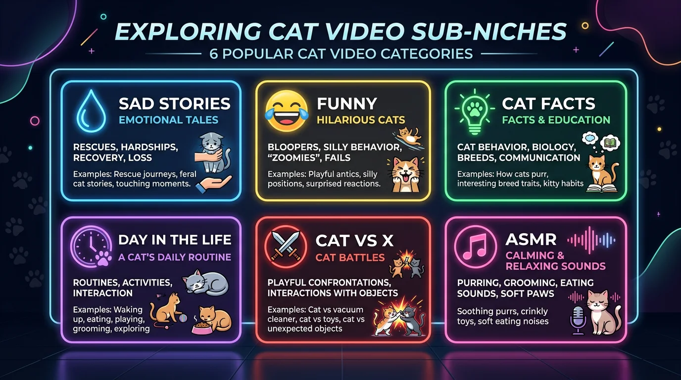 6 cat video sub-niches: sad stories, funny, cat facts, day in life, cat vs X, ASMR