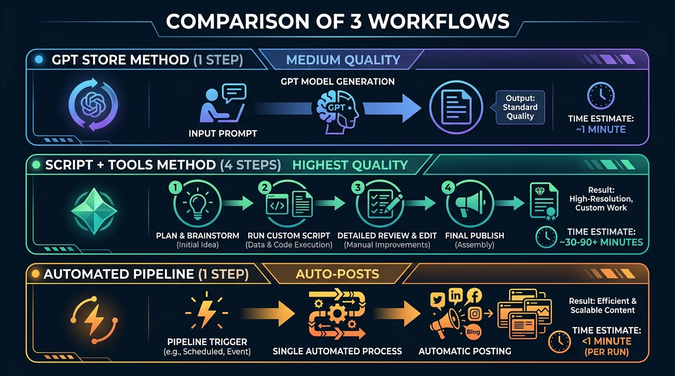 3 ChatGPT video methods compared — GPT Store, Script + Tools, and Automated Pipeline