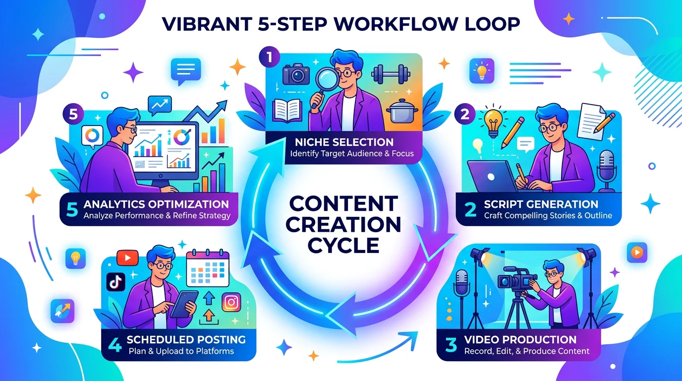 Content automation 5-step workflow: niche, script, production, schedule, analyze