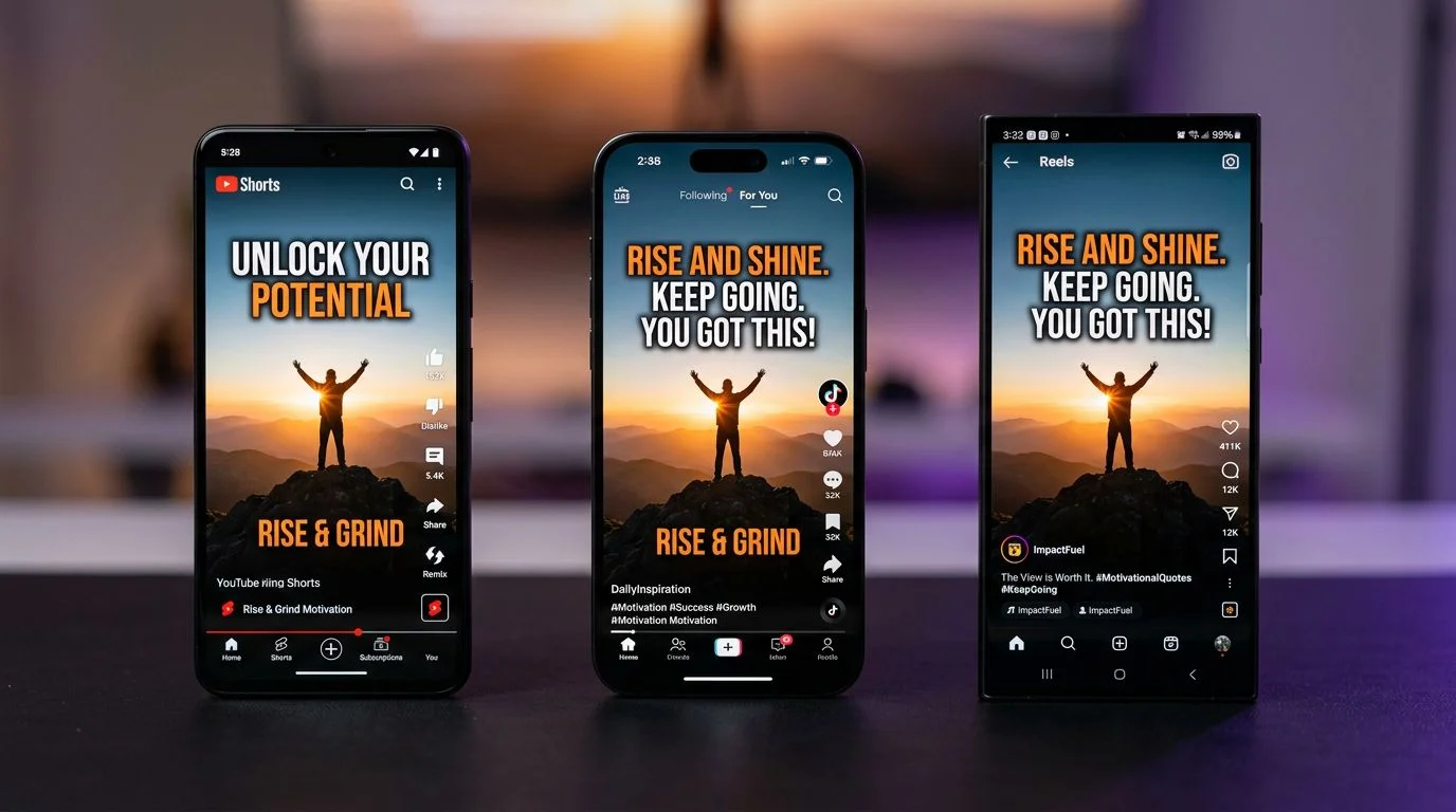 Three smartphones showing the same faceless video playing on YouTube Shorts, TikTok, and Instagram Reels simultaneously