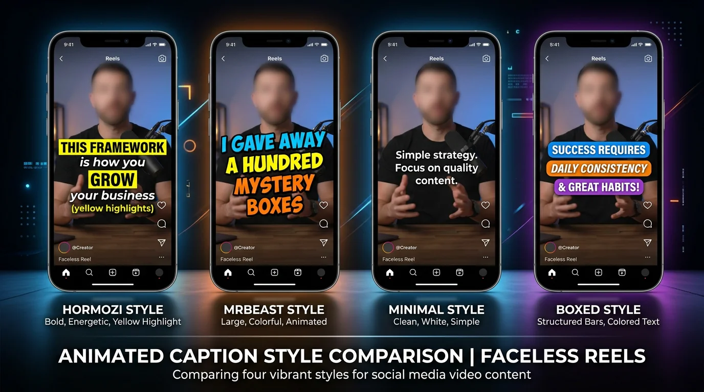 Four animated caption styles for faceless reels — Hormozi, MrBeast, Minimal, and Boxed