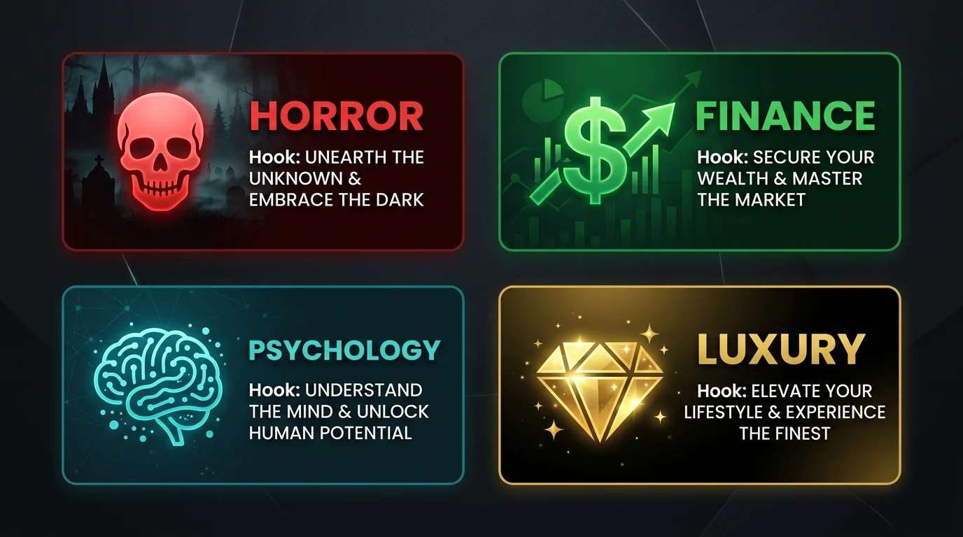 Faceless reels niche ideas — Horror, Finance, Psychology, and Luxury with sample hooks