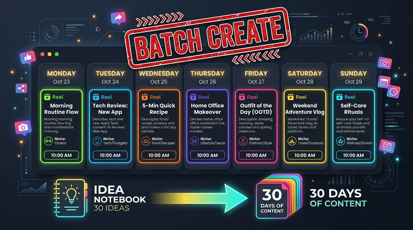 Weekly content calendar showing 30 faceless reels ideas mapped to 30 days of posting