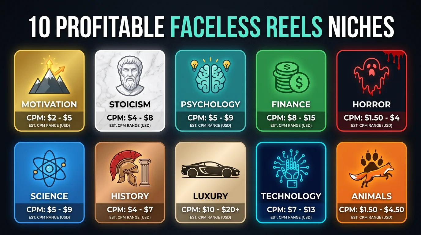 Best niches for faceless reels with CPM estimates — motivation, stoicism, psychology, finance, and more