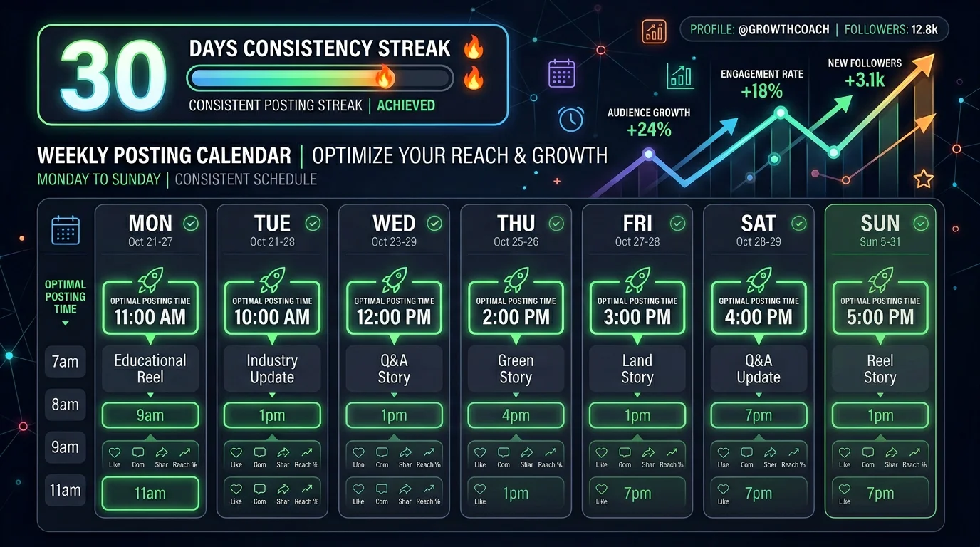 Weekly faceless reels posting schedule with optimal times for each day