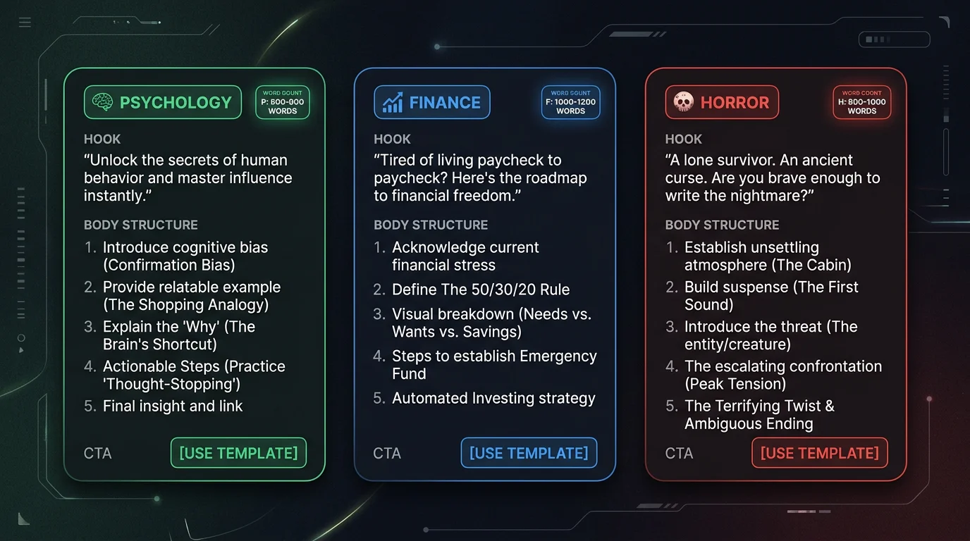 Three example faceless reels script templates for Psychology, Finance, and Horror niches