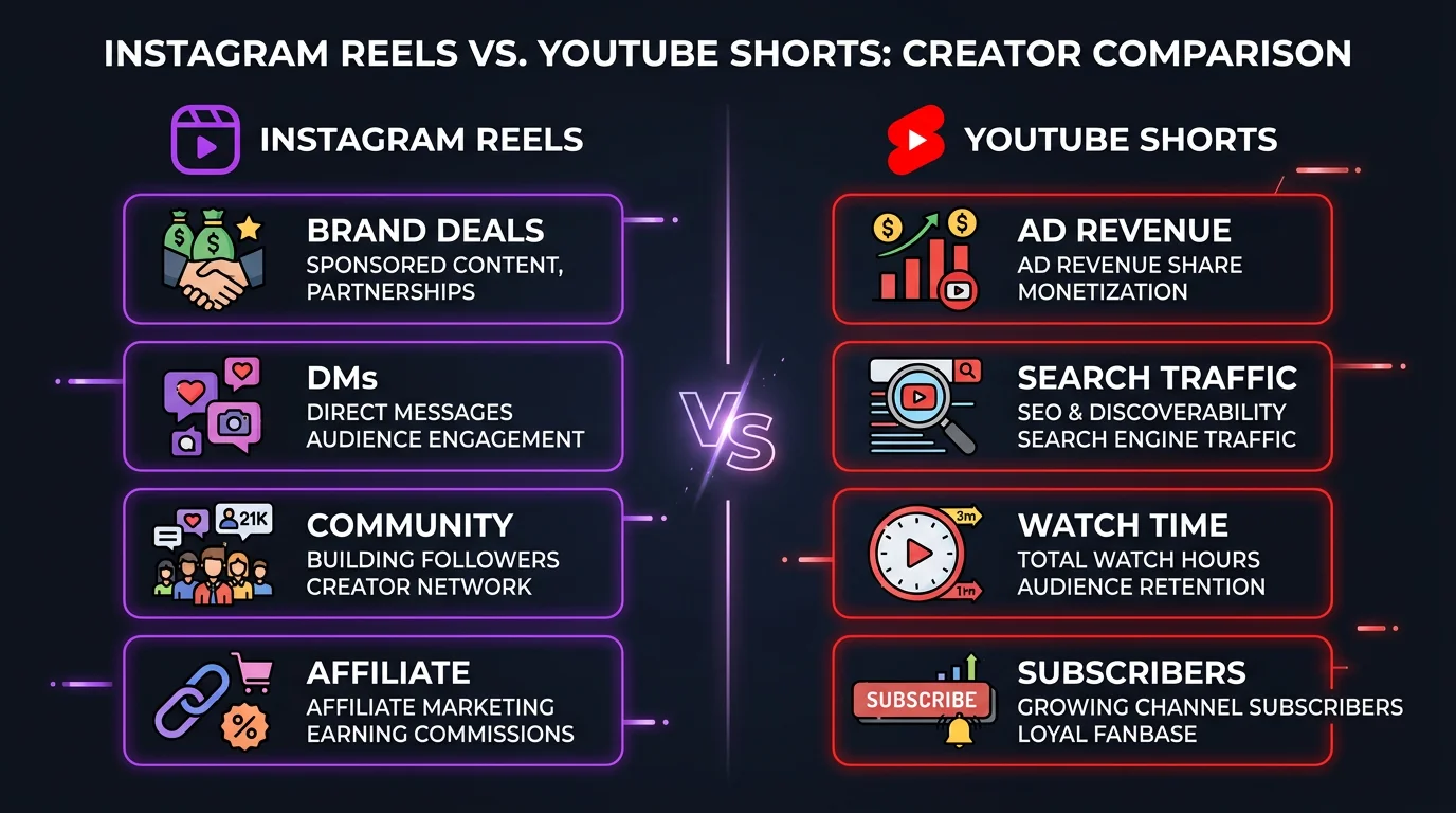 Instagram Reels vs YouTube Shorts monetization comparison — brand deals vs ad revenue