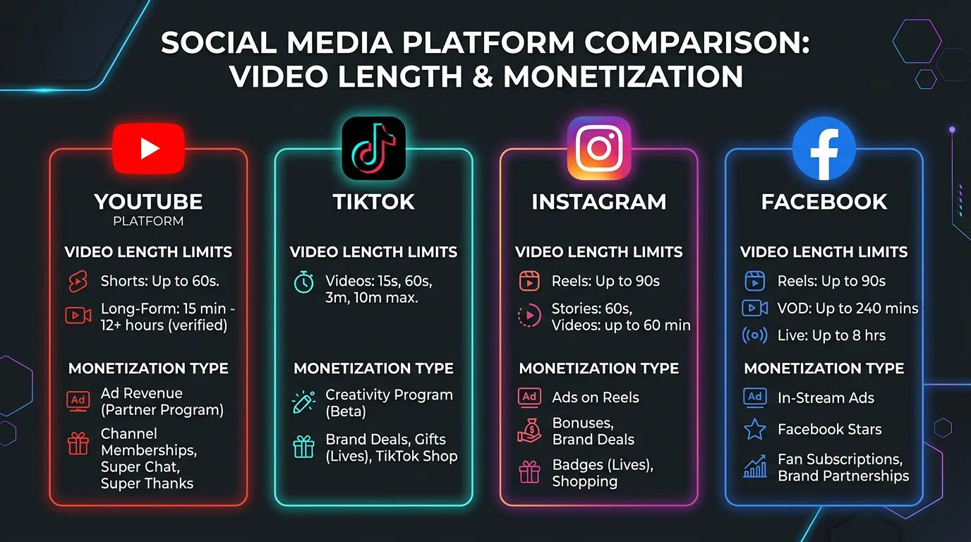 Faceless videos platform comparison — YouTube, TikTok, Instagram, Facebook with video lengths and monetization