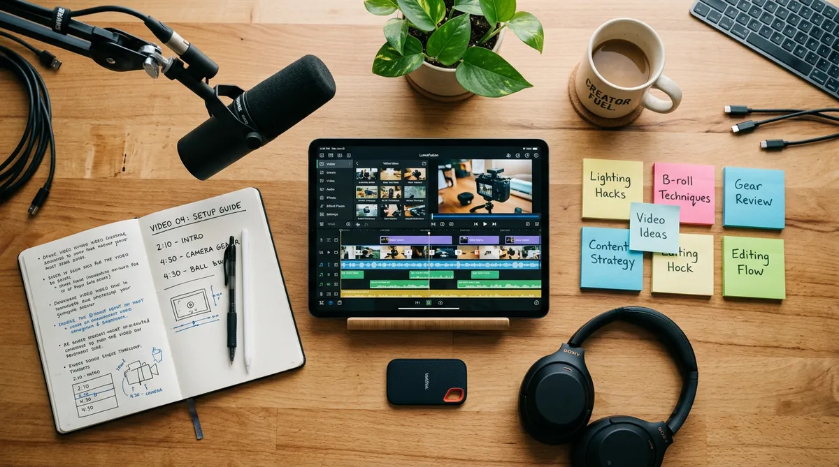 Content production desk setup for faceless YouTube channel with video editing tools and scripts