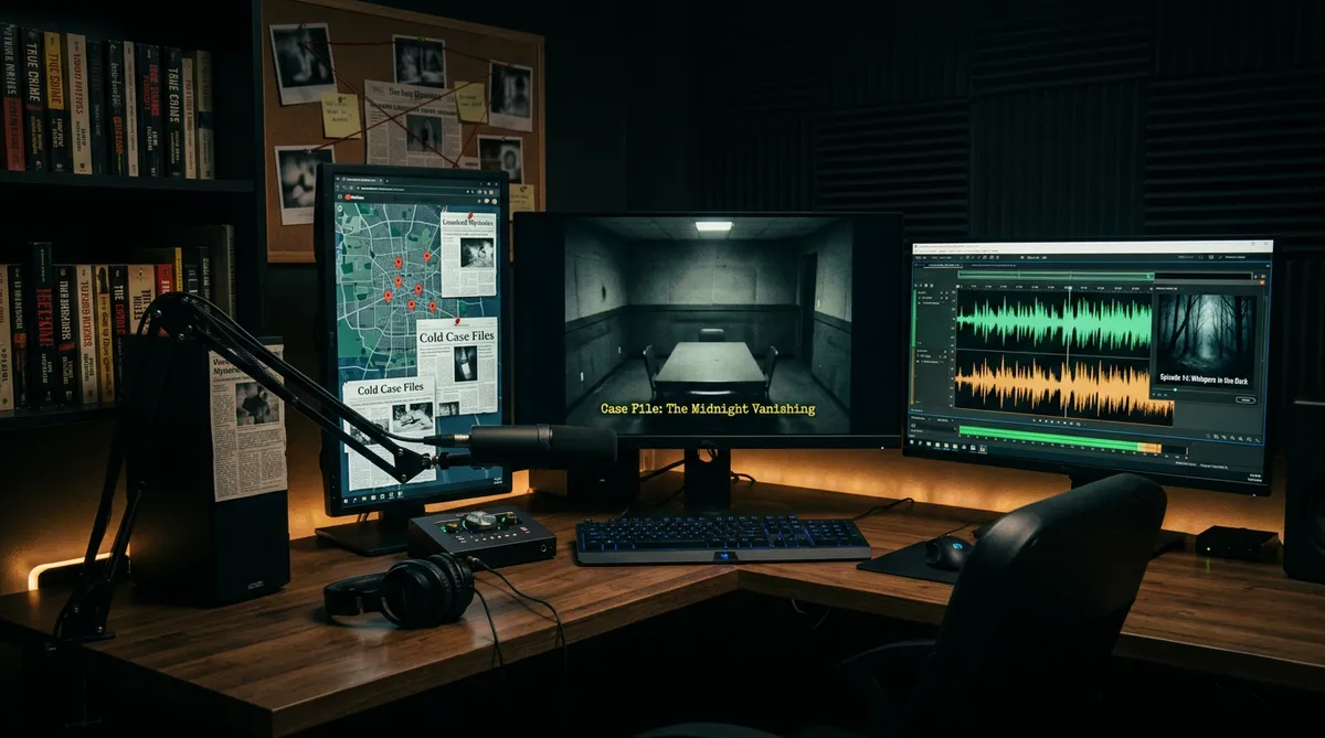 Faceless YouTube storytelling channel setup with true crime and mystery content on multiple screens
