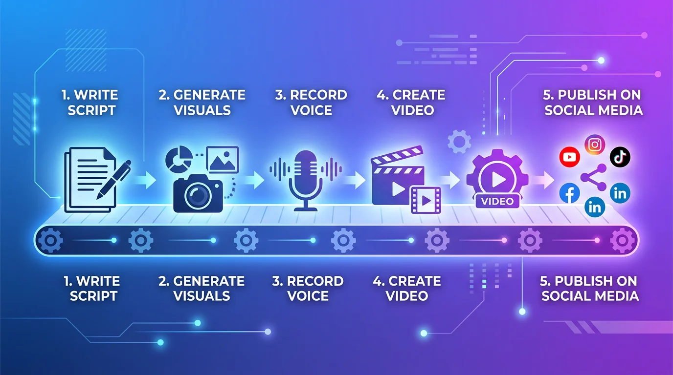 Faceless video creation pipeline: script to images to voice to video to social media