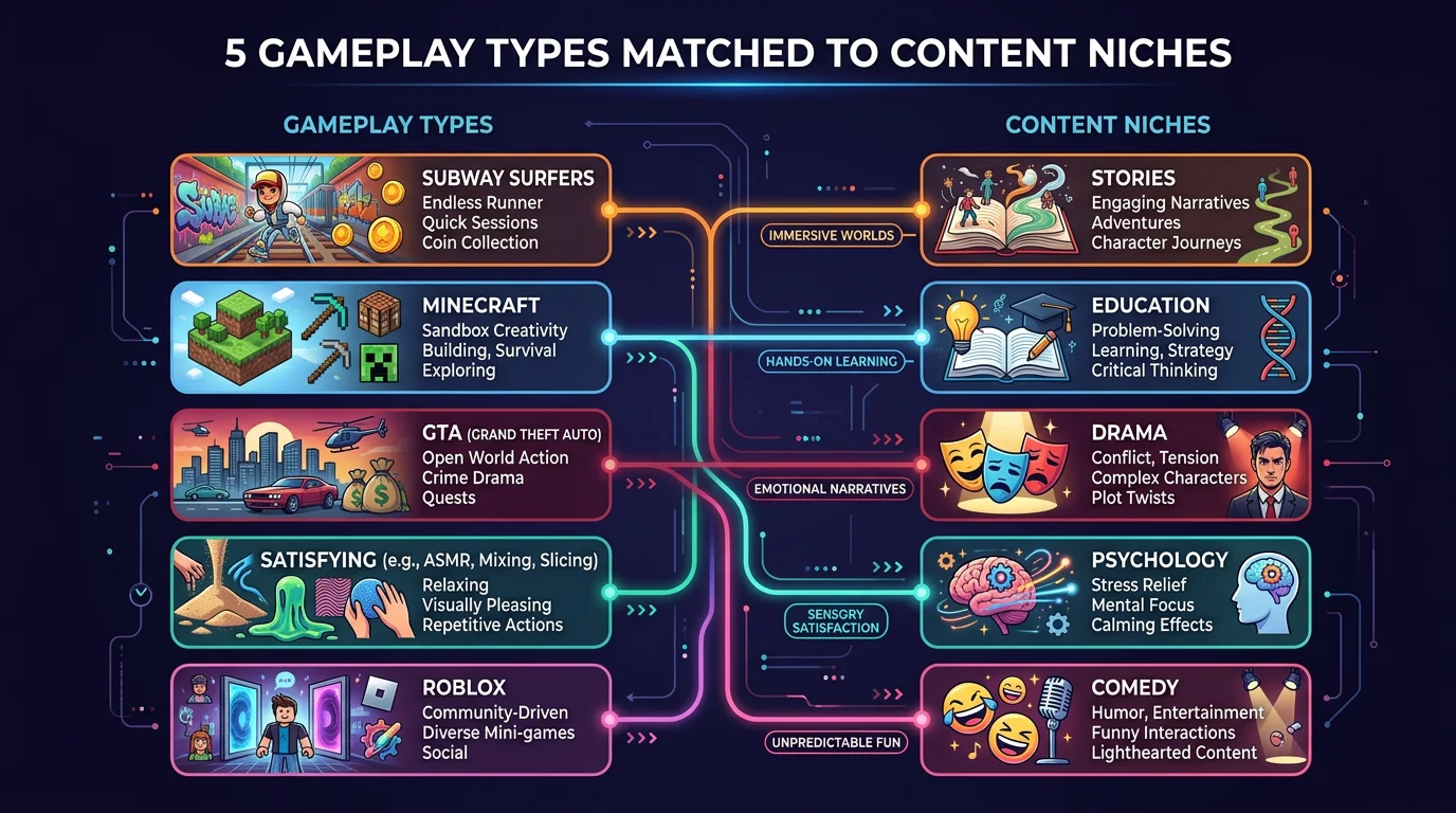 Gameplay types matched to content niches showing Subway Surfers for stories, Minecraft for education, GTA for drama