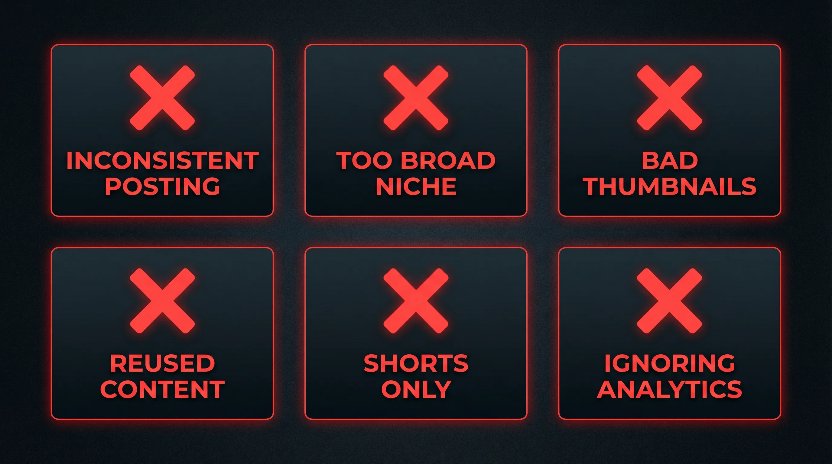 Six common mistakes that delay YouTube monetization: inconsistent posting, broad niche, bad thumbnails, reused content, Shorts only, and ignoring analytics