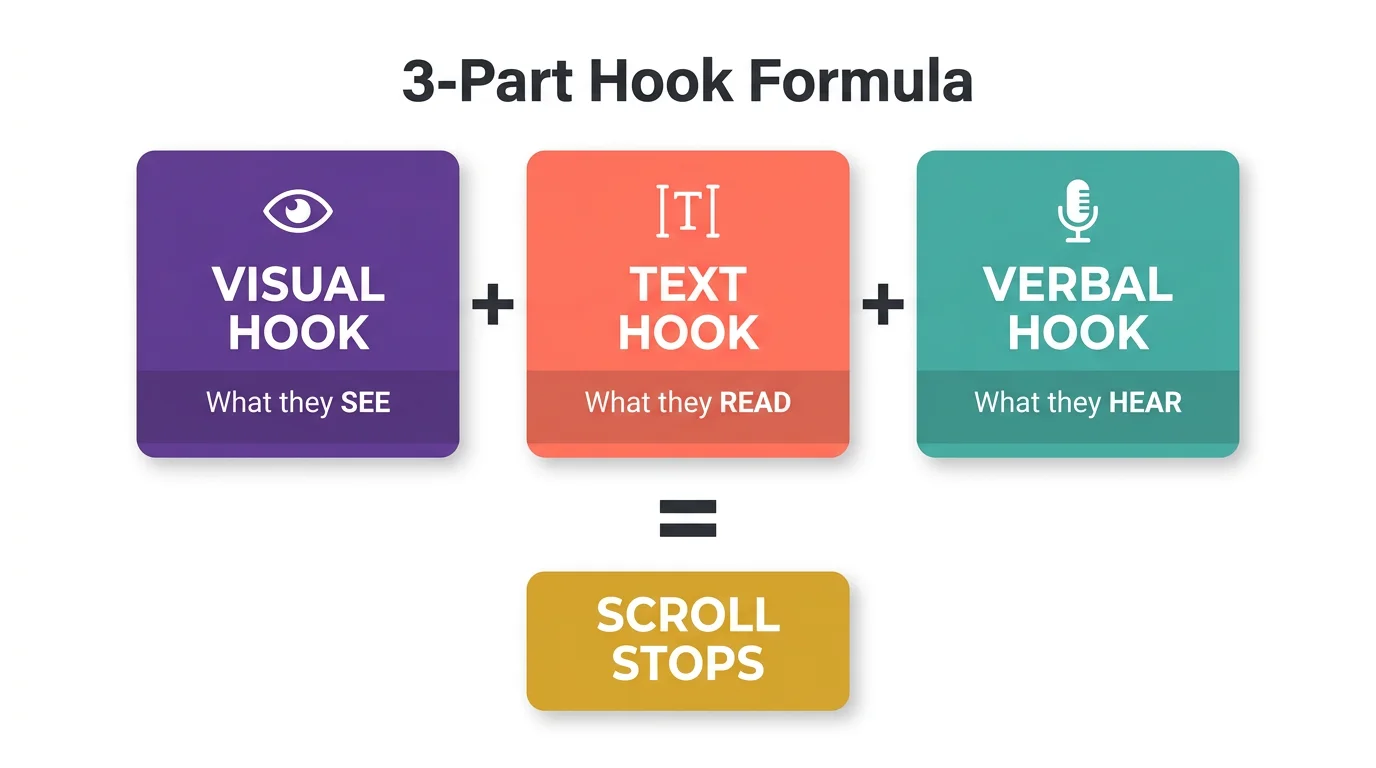 The 3-part video hook formula - visual hook plus text hook plus verbal hook equals scroll stops