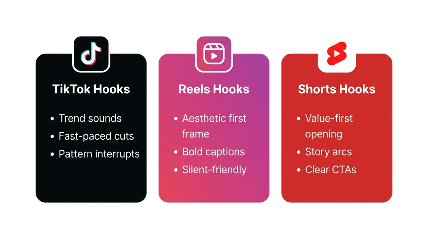 Platform-specific video hooks comparison - TikTok hooks vs Instagram Reels hooks vs YouTube Shorts hooks