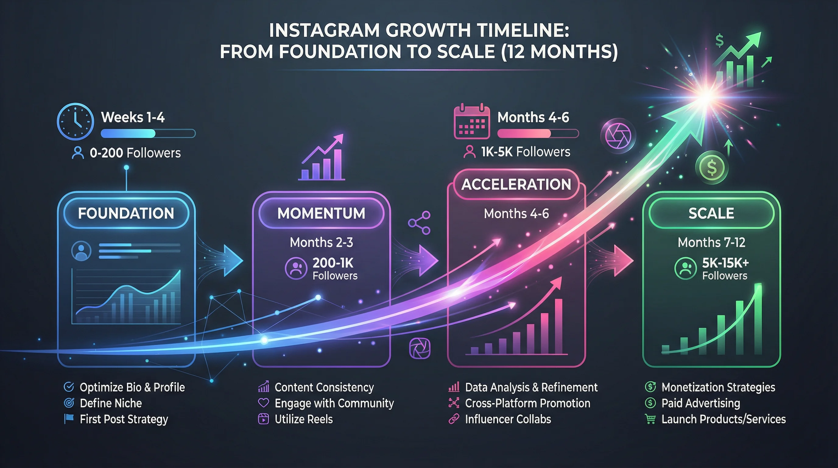 Instagram growth phases over 12 months showing Foundation (0-200 followers), Momentum (200-1K), Acceleration (1K-5K), and Scale (5K-15K+) with key activities at each stage