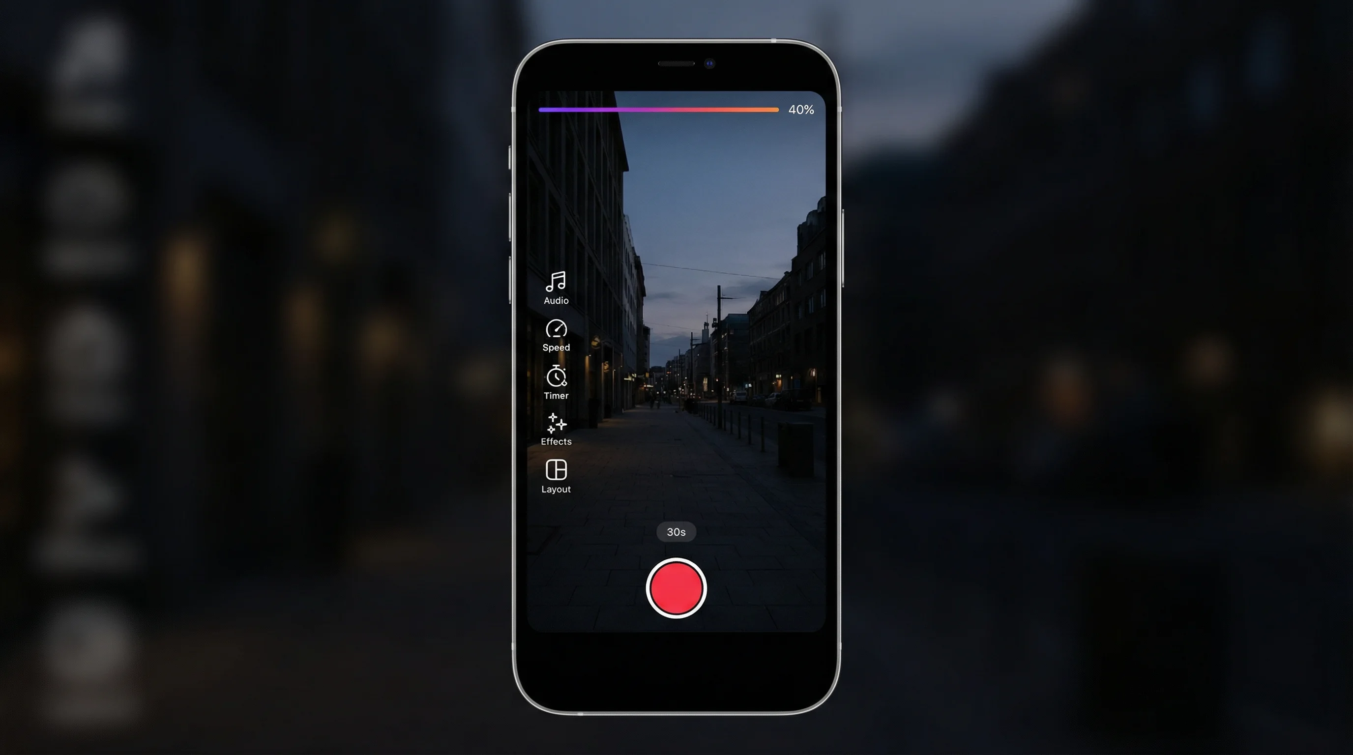 Instagram Reels camera interface showing recording controls, timer, speed options, and audio selector with a vertical 9:16 viewfinder
