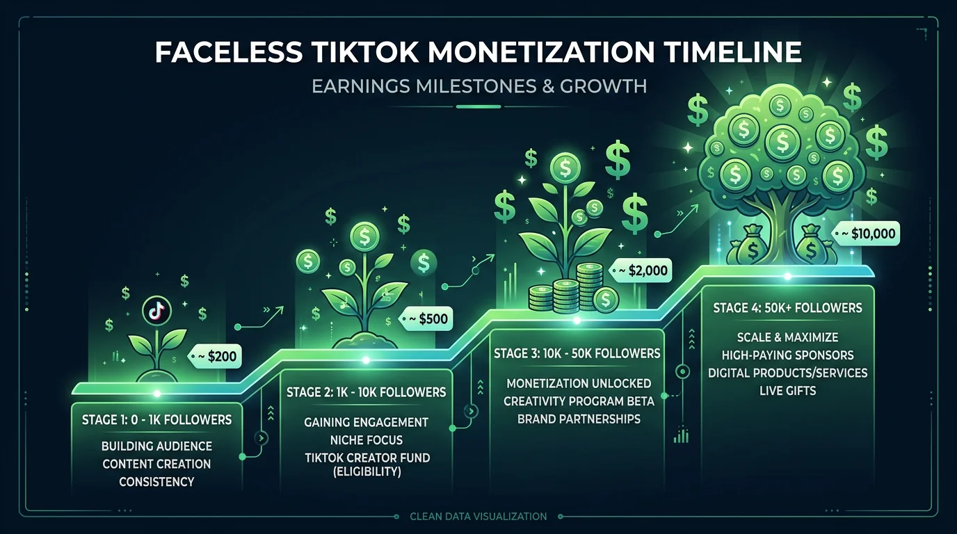Faceless TikTok monetization timeline — from $0 at launch to $10,000+ at 50K followers