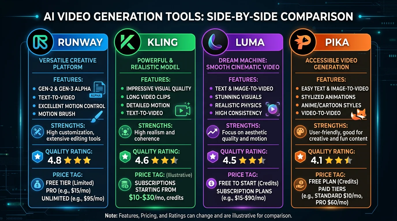 AI image-to-video tools compared: Runway, Kling, Luma, Pika