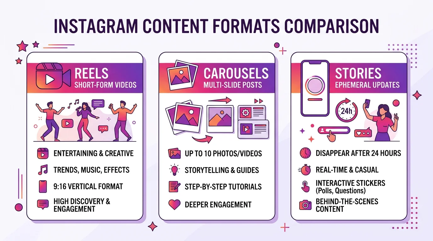 Instagram content formats: Reels, Carousels, and Stories comparison