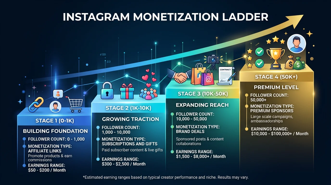 Instagram monetization methods by follower count from 0 to 50K+
