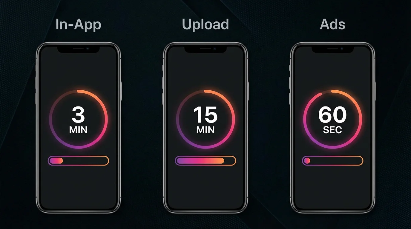 Instagram Reels length limits compared: in-app recording 3 minutes, upload 15 minutes, ads 60 seconds