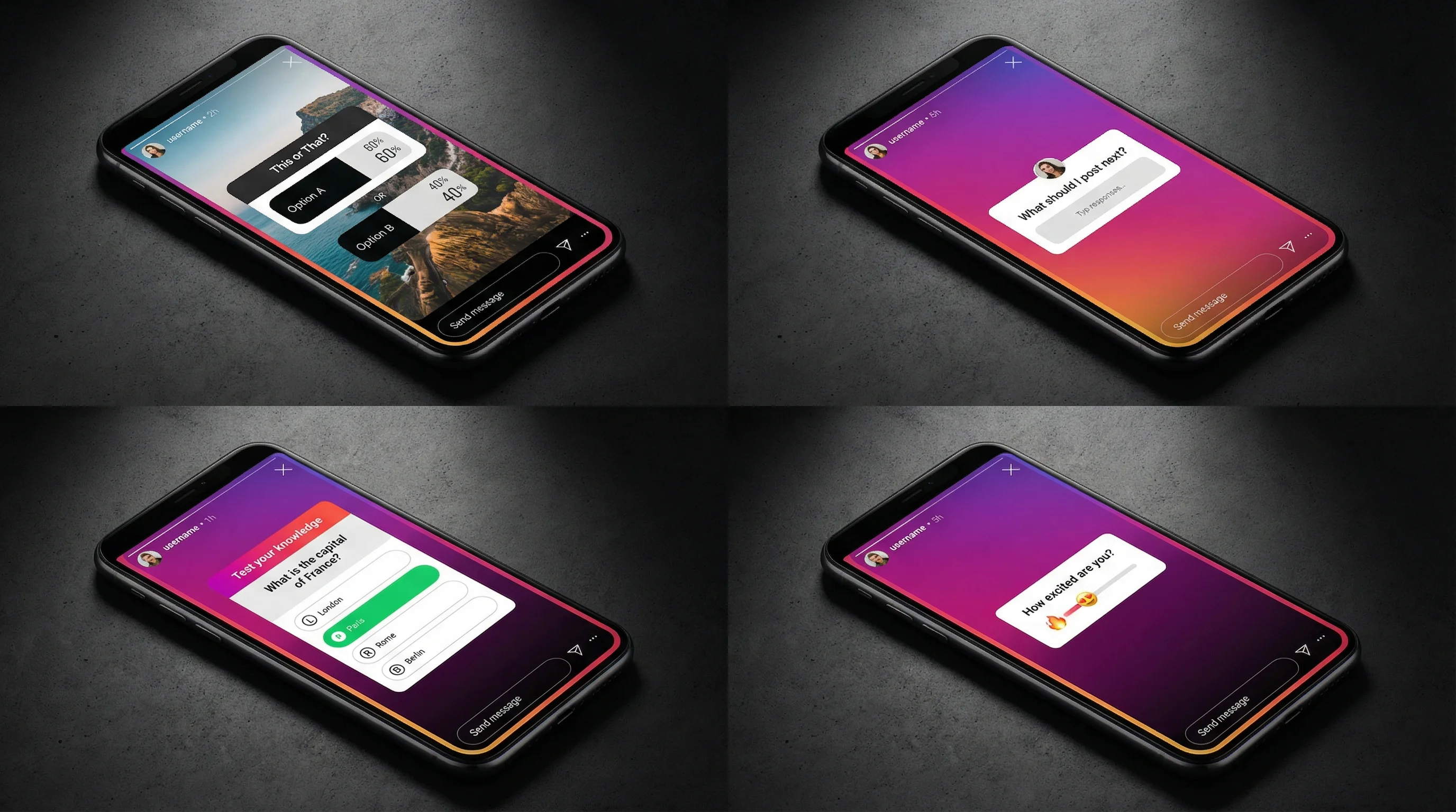 Grid of Instagram Story engagement ideas showing polls, quizzes, question stickers, and reaction prompts with example screenshots