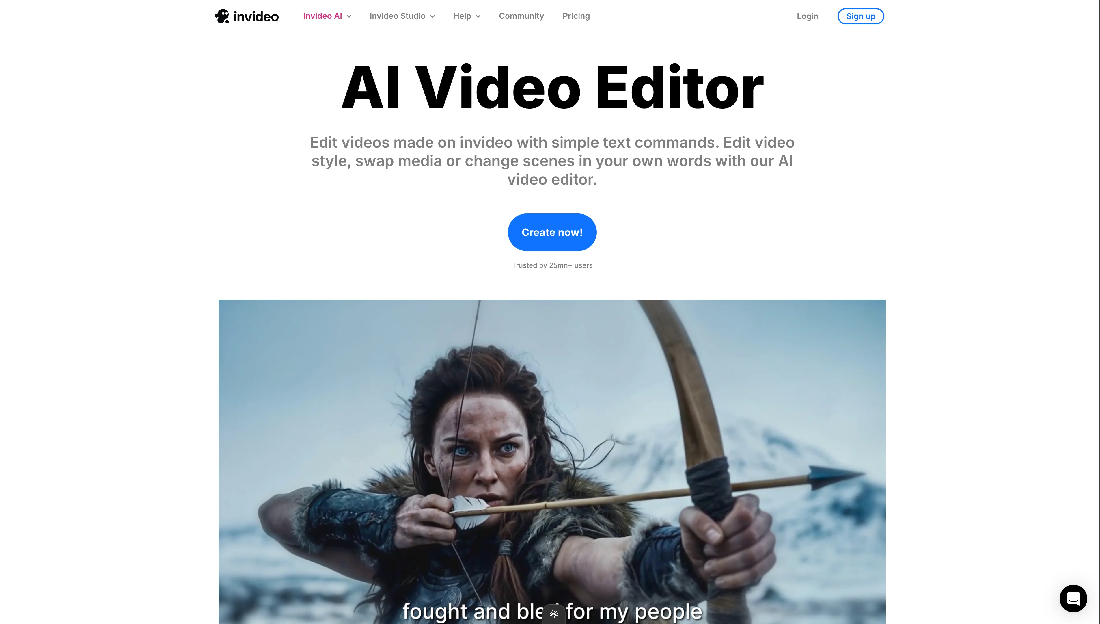 InVideo AI video editor showing text-command editing interface where users can edit videos by typing natural language instructions, with a cinematic video preview