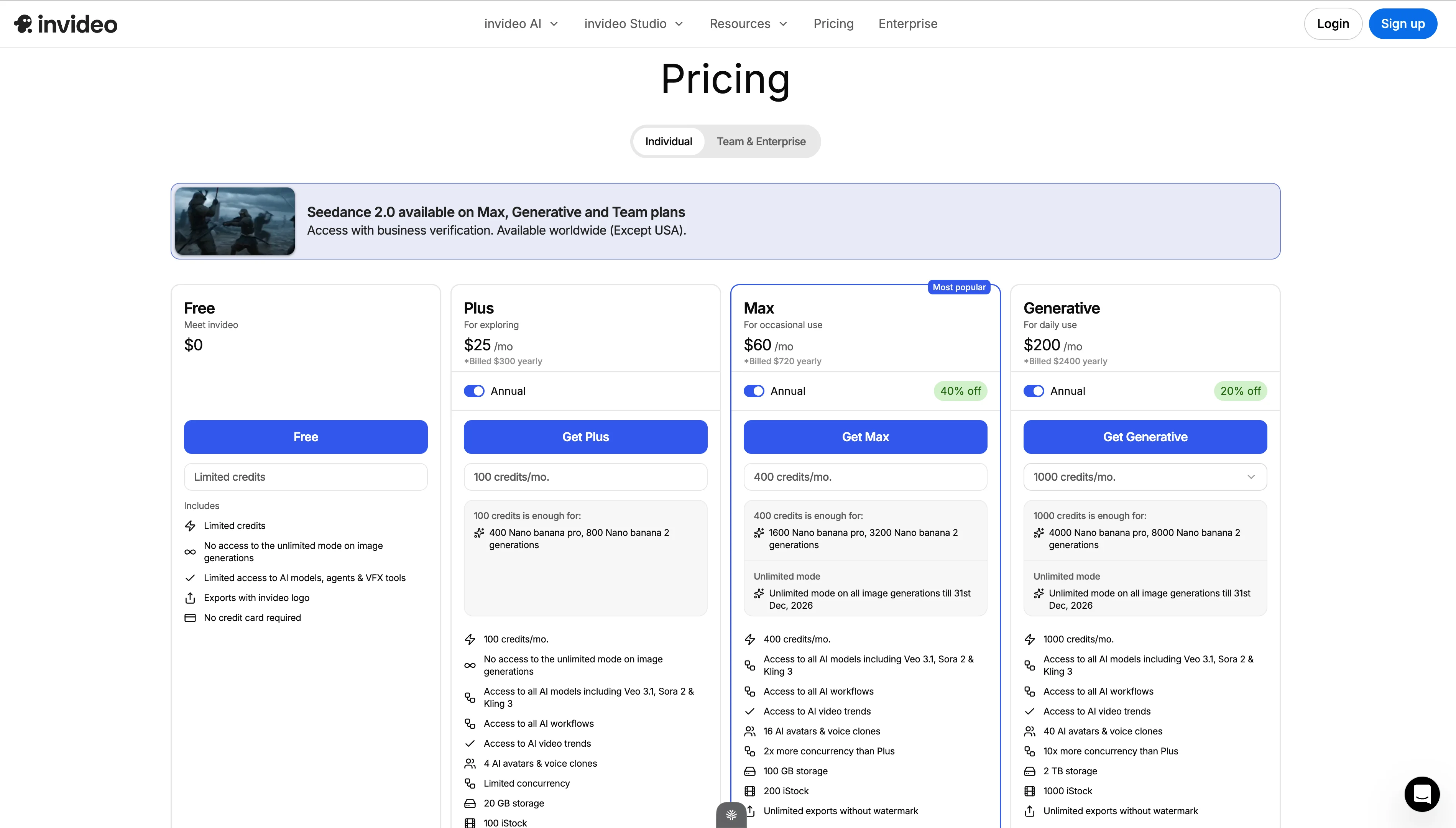 InVideo pricing page showing four tiers: Free with limited credits, Plus at $25/month with 100 credits, Max at $60/month with 400 credits and 40% off annual, and Generative at $200/month with 1000 credits