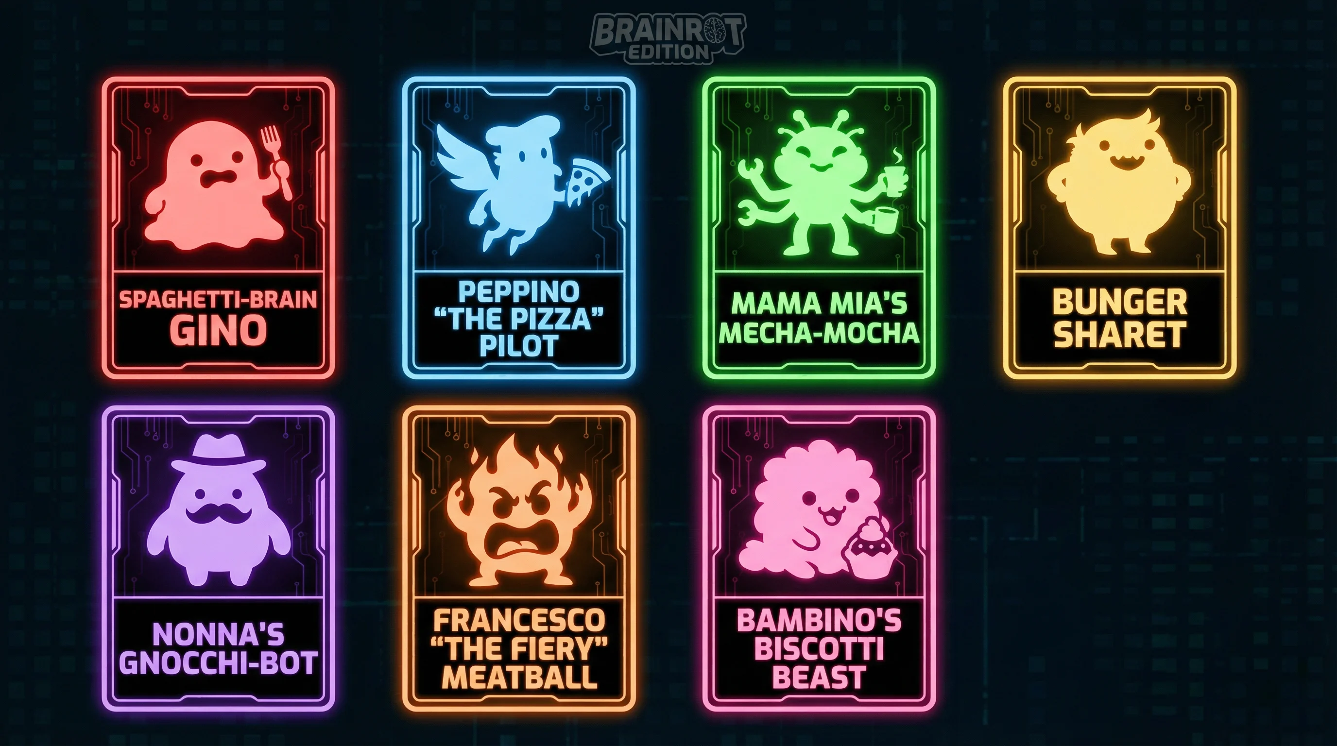 Italian brainrot character lineup showing the most popular characters