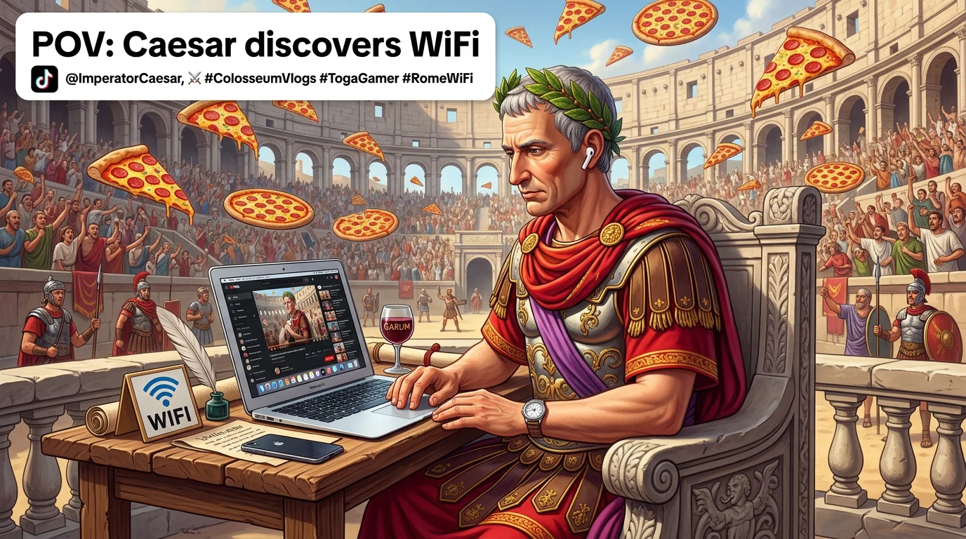 AI-generated Italian brainrot scene — Julius Caesar with a laptop in the Colosseum