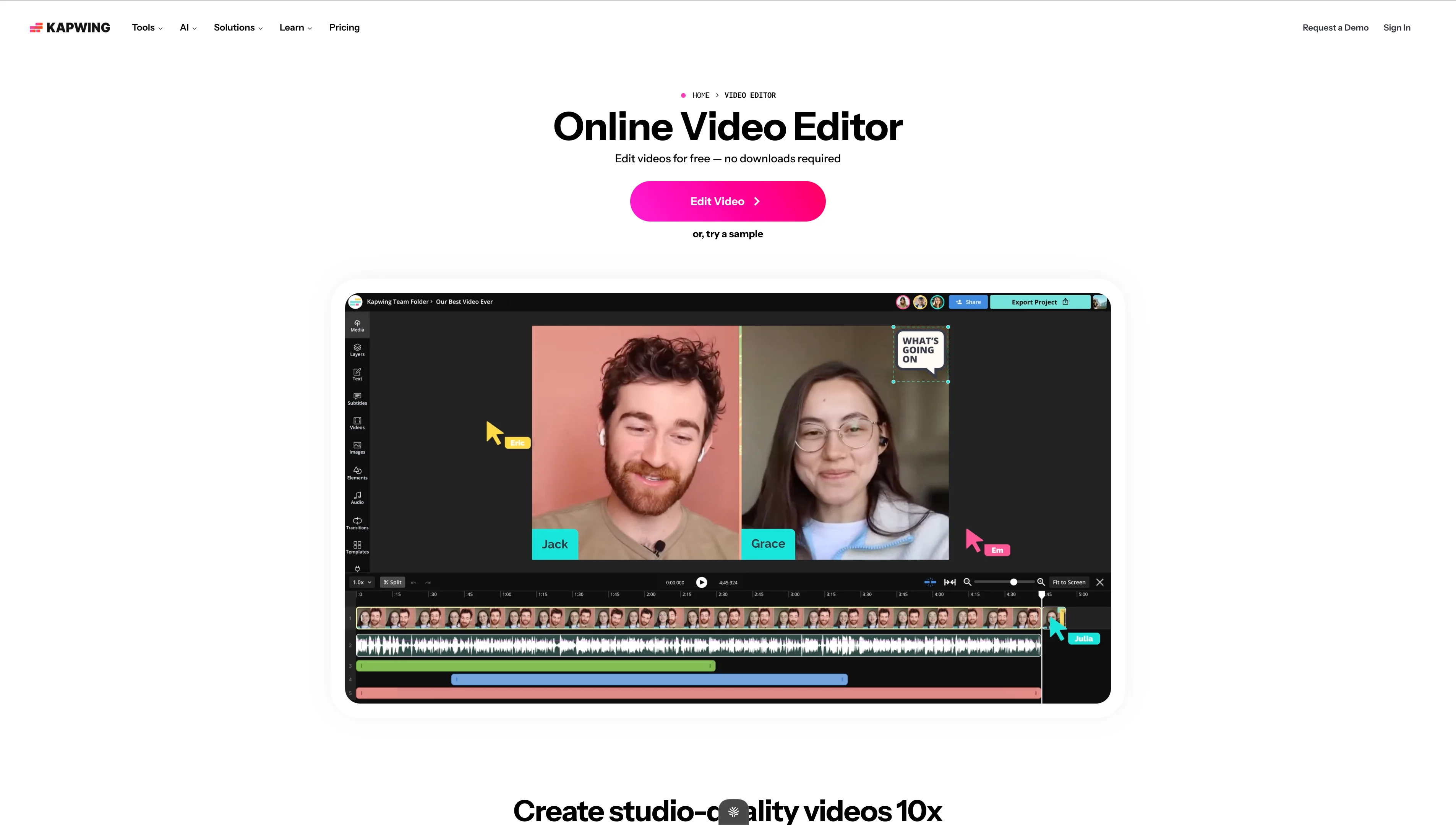 Kapwing online video editor interface showing multi-track timeline, split-screen video preview with speaker labels, and editing toolbar