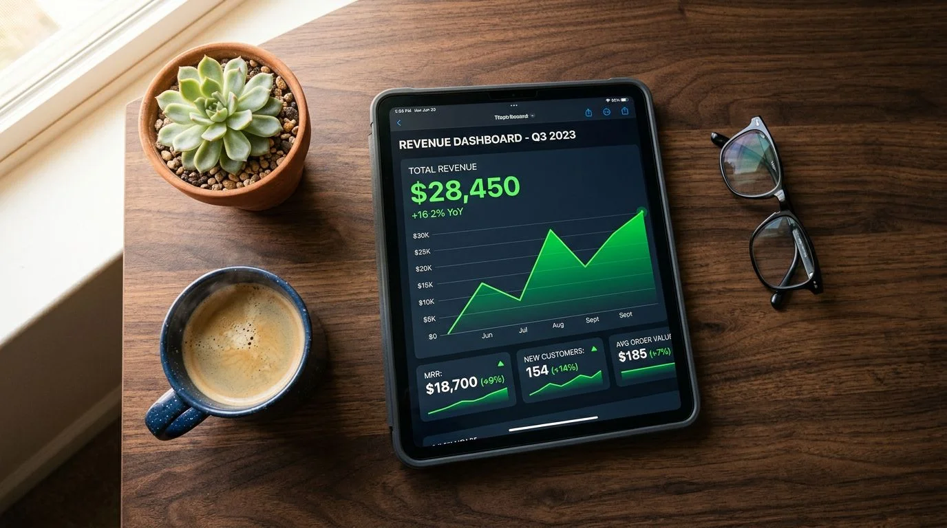 Tablet displaying revenue analytics dashboard with upward-trending green graphs on a dark wooden desk with coffee cup
