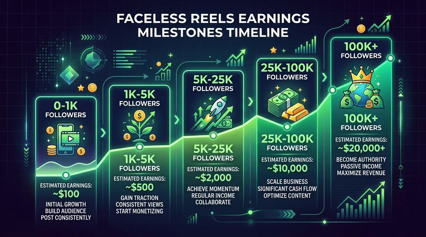 Faceless reels earnings timeline — from $0 at 0 followers to $20,000+ at 100K followers