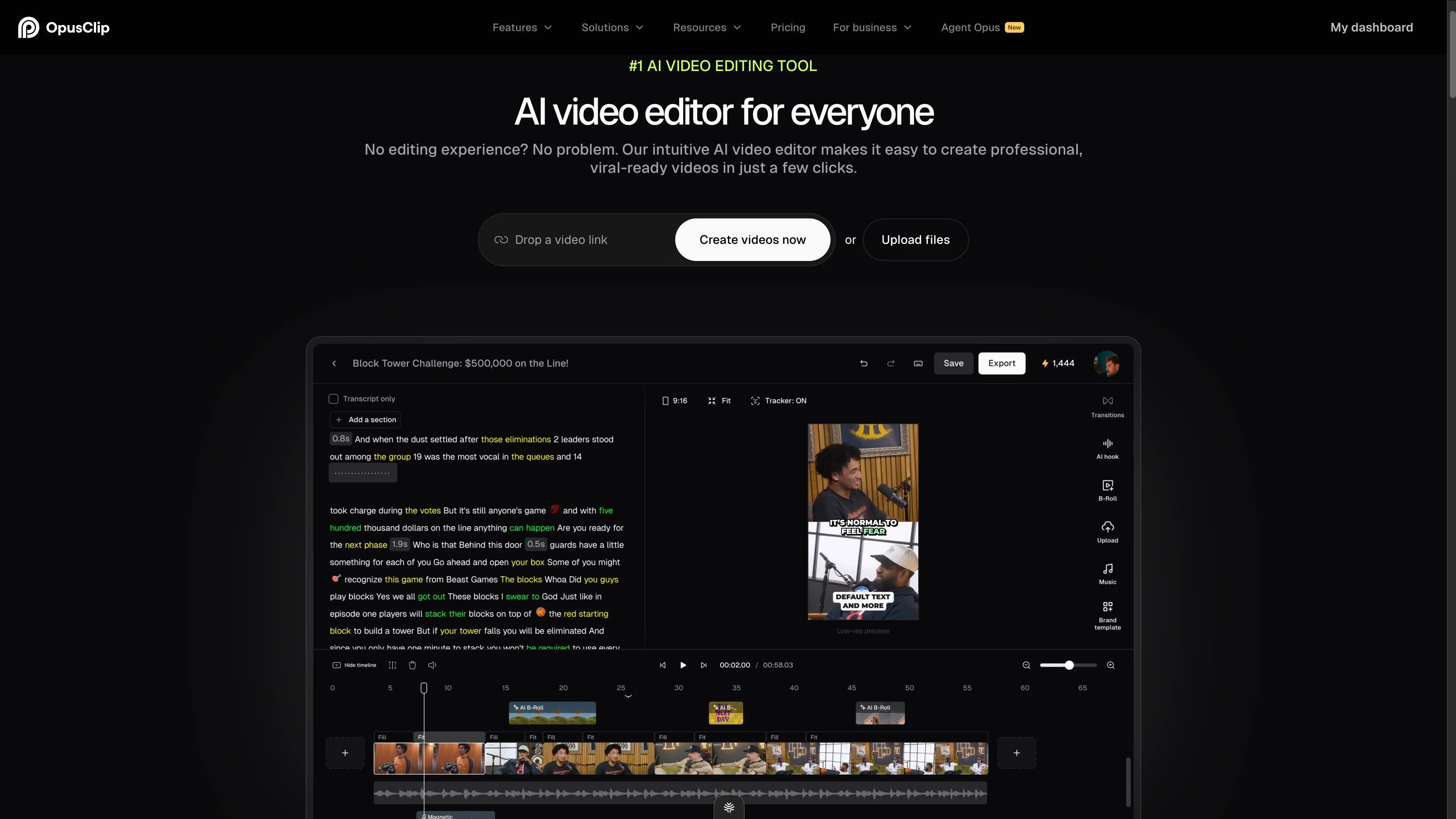 Opus Clip AI video editor interface showing transcript-based editing, clip timeline, virality tracking, and auto-generated captions