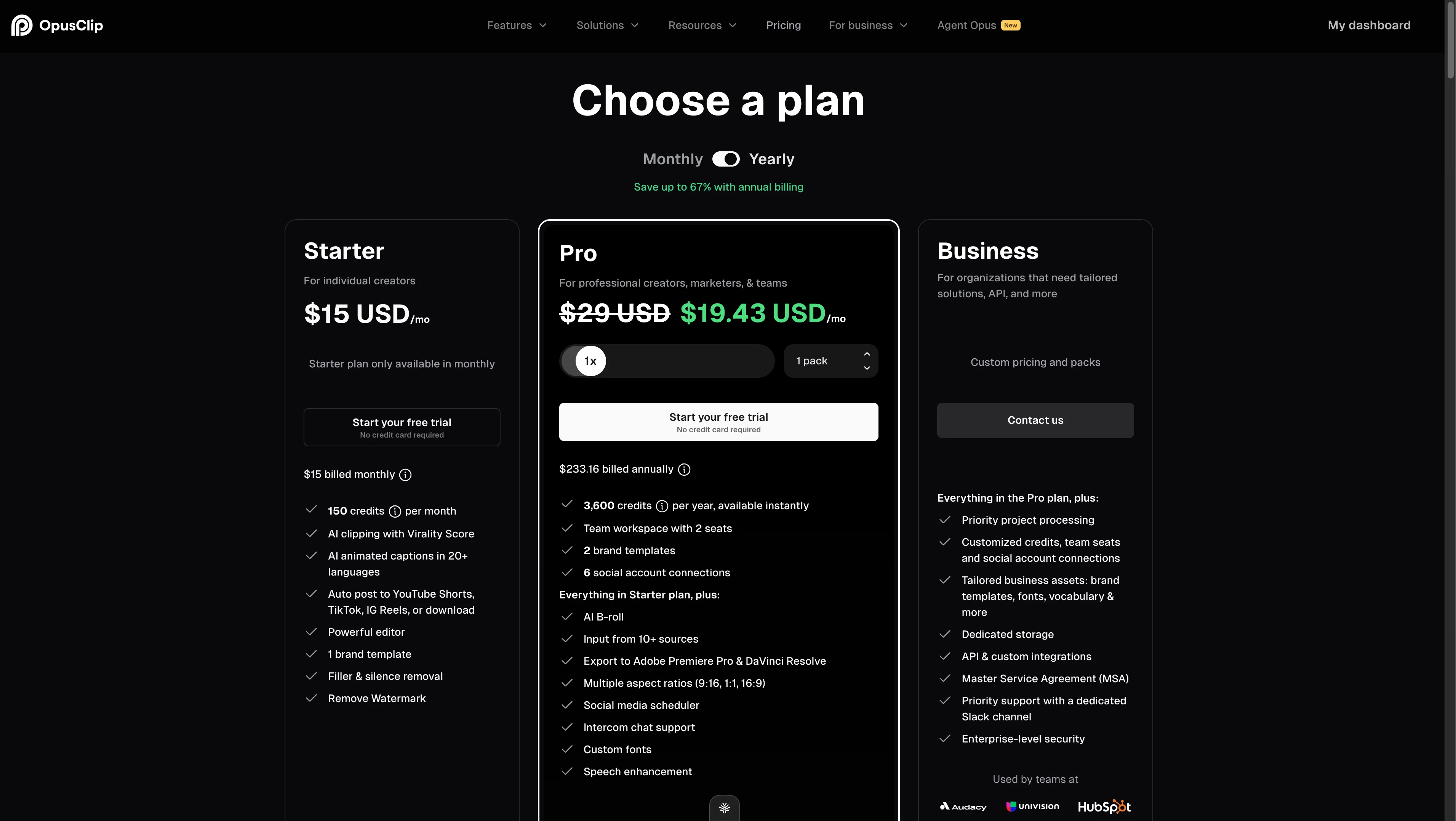 Opus Clip pricing page showing three tiers: Starter at $15/month with 150 credits, Pro at $19.43/month billed annually with 3600 credits, and Business with custom pricing