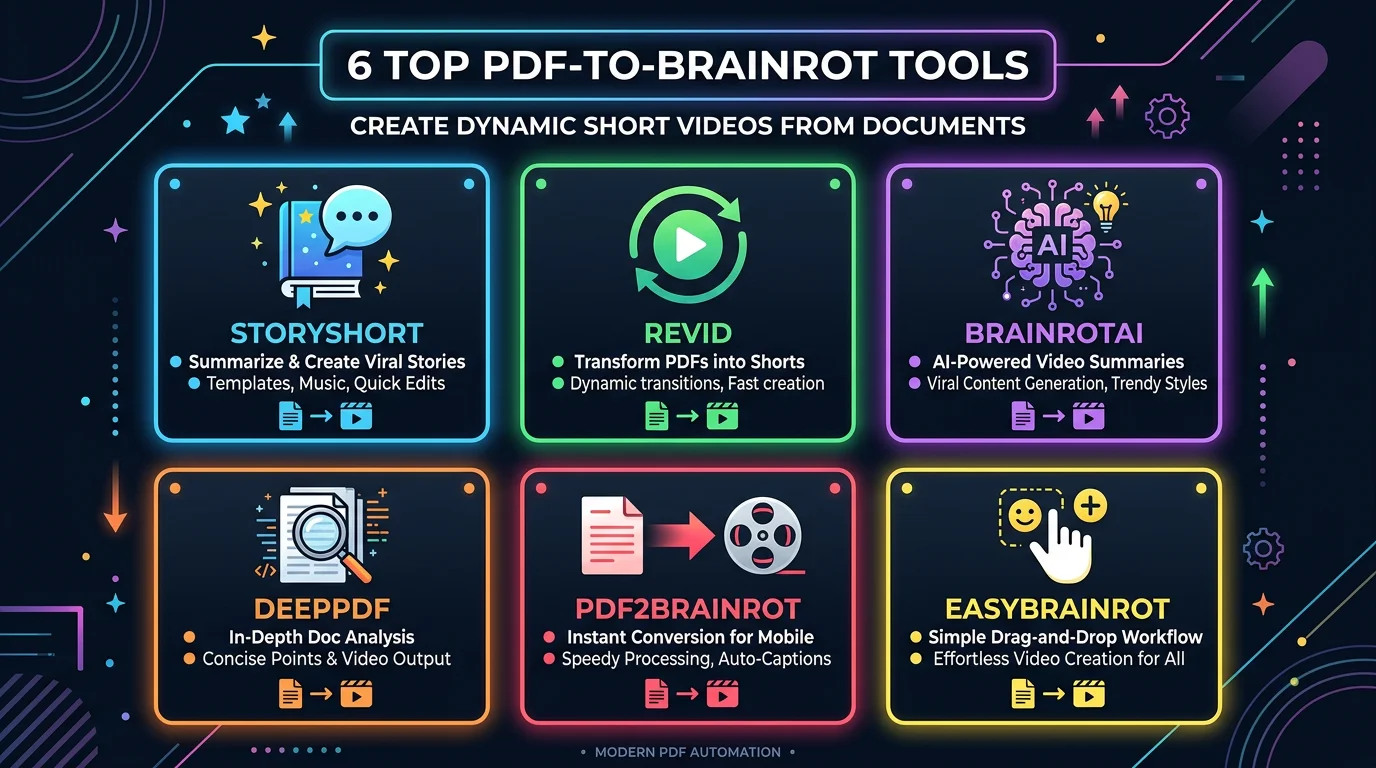6 PDF-to-brainrot tools compared: StoryShort, ReVid, BrainrotAI, DeepPDF, PDF2Brainrot, EasyBrainrot