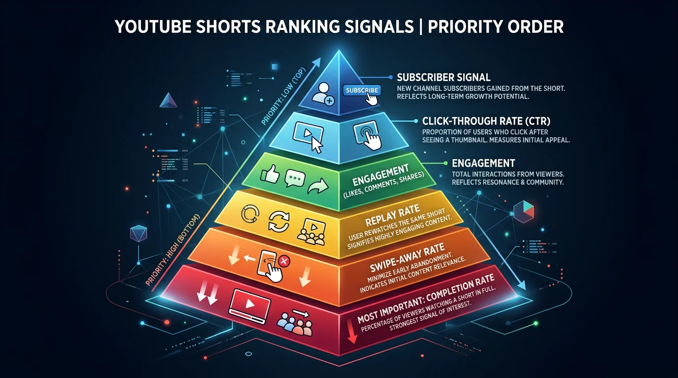 YouTube Shorts ranking signals pyramid from most to least important: completion rate, swipe-away, replays, engagement, CTR, subscriber signal