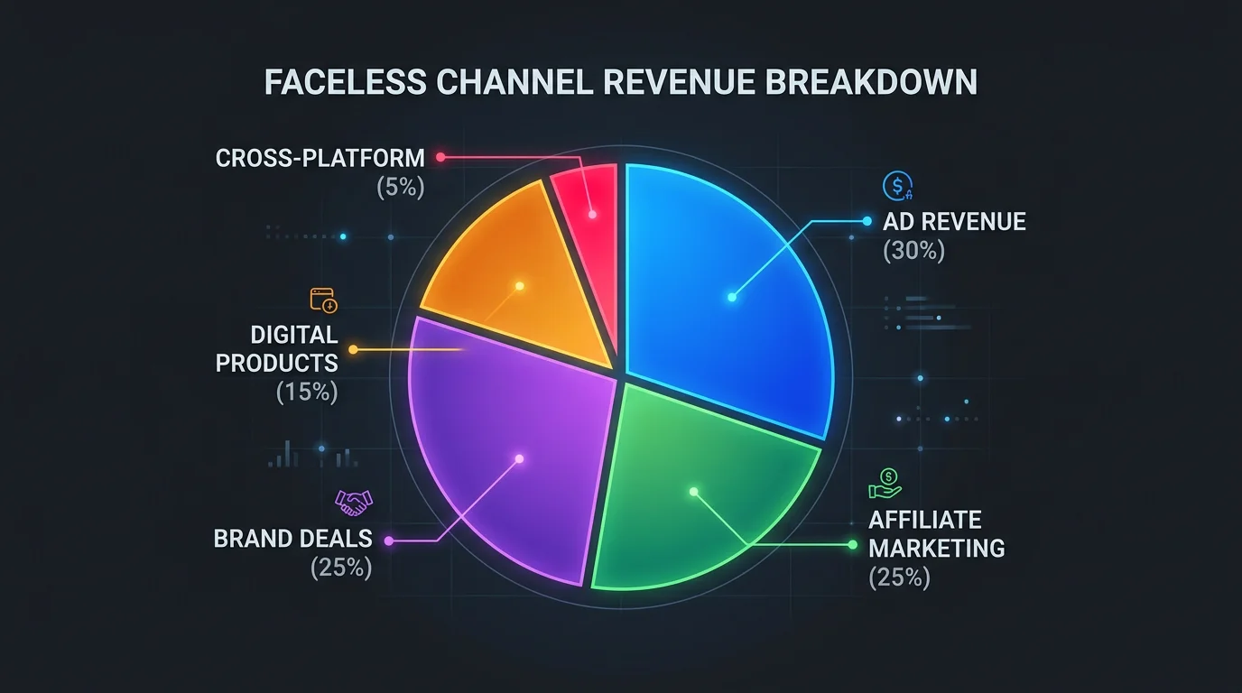 Faceless channel revenue breakdown: ad revenue, affiliate marketing, brand deals, digital products, cross-platform