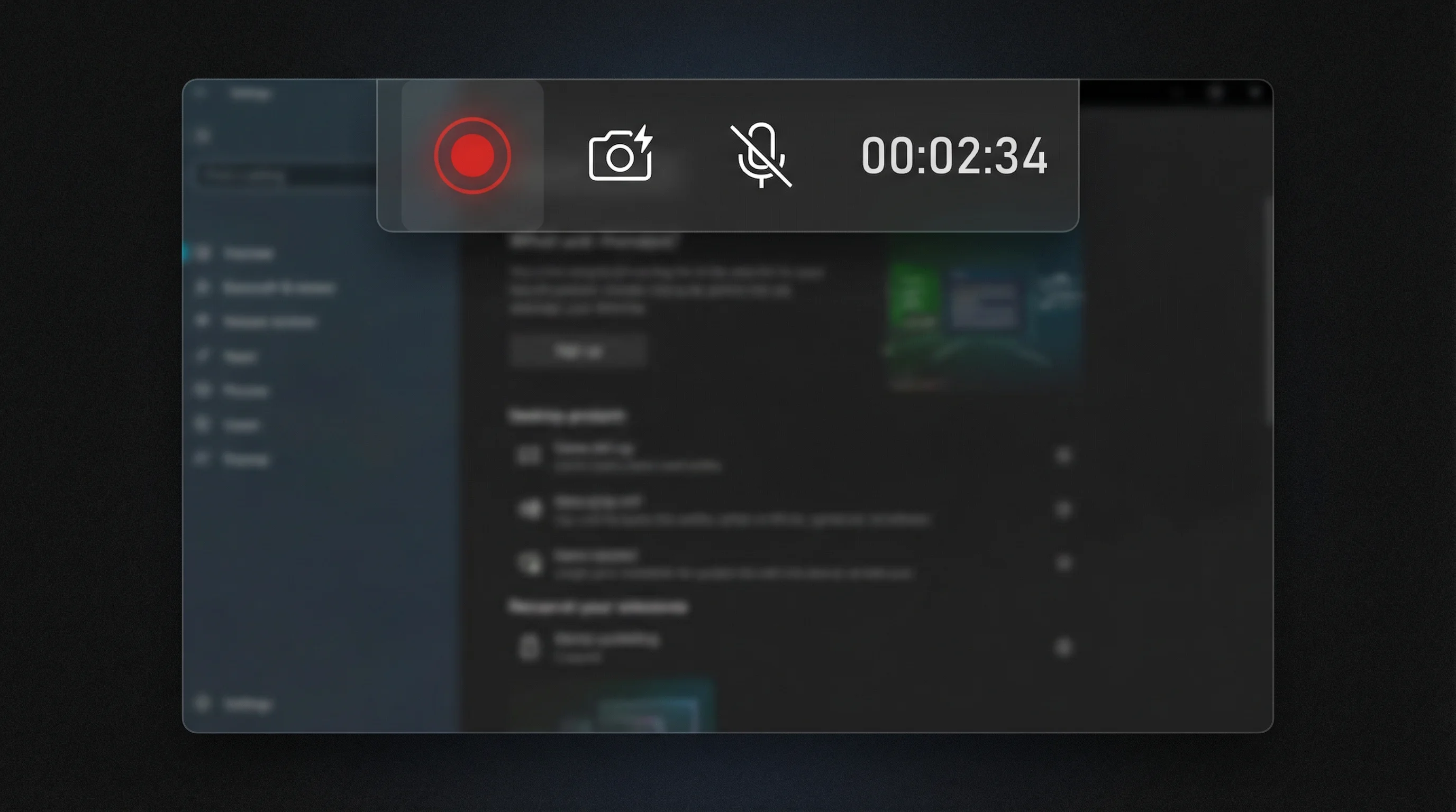 Xbox Game Bar screen recording overlay on Windows 11 showing the capture widget with record, screenshot, and microphone toggle buttons