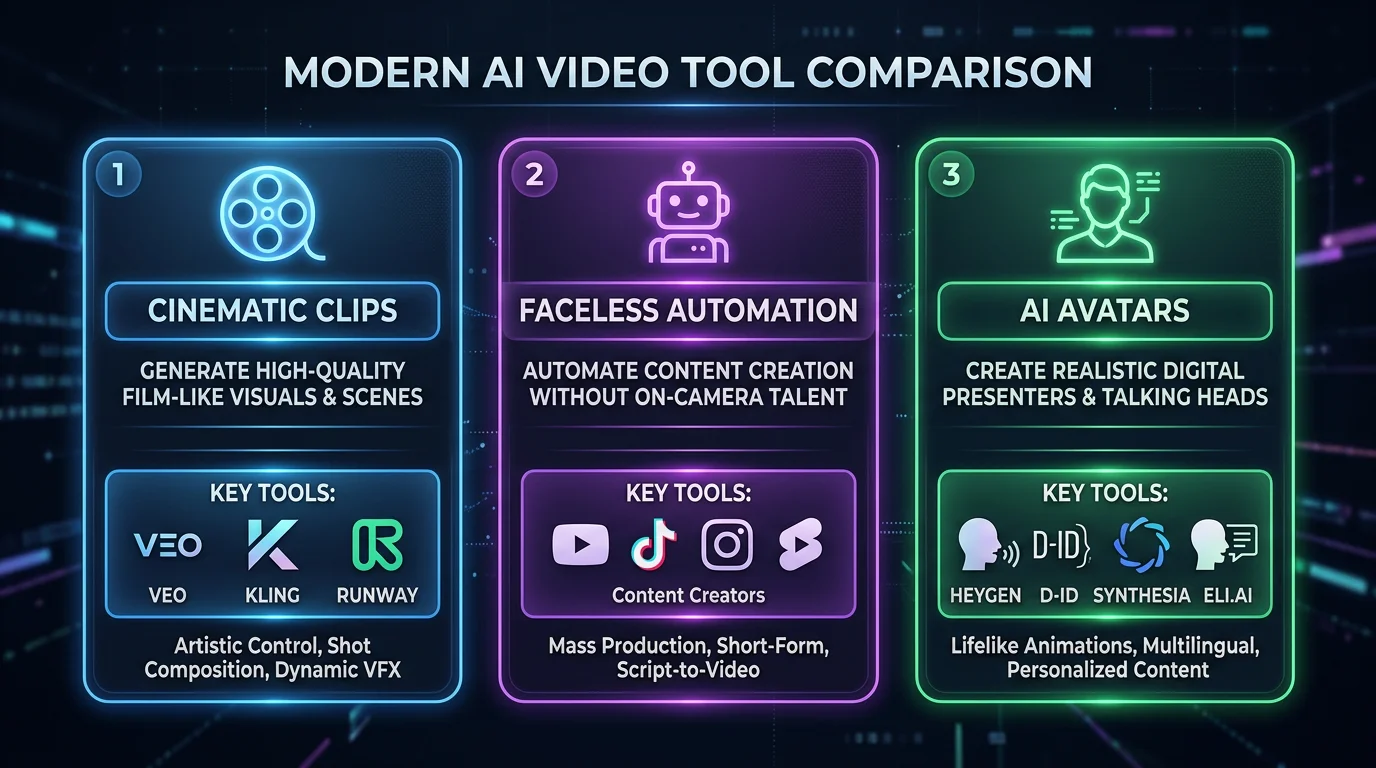 Three categories of Sora alternatives — cinematic clips, faceless automation, and AI avatars