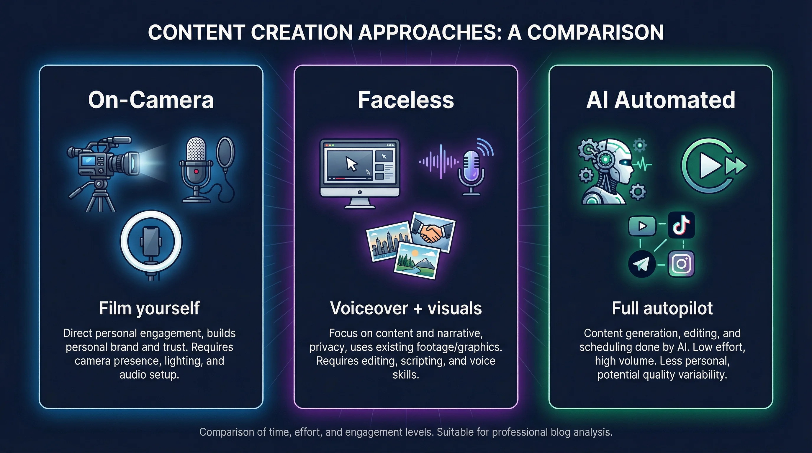 Three paths to starting a YouTube channel compared: on-camera with basic equipment, faceless with voiceover and visuals, and fully automated with AI tools