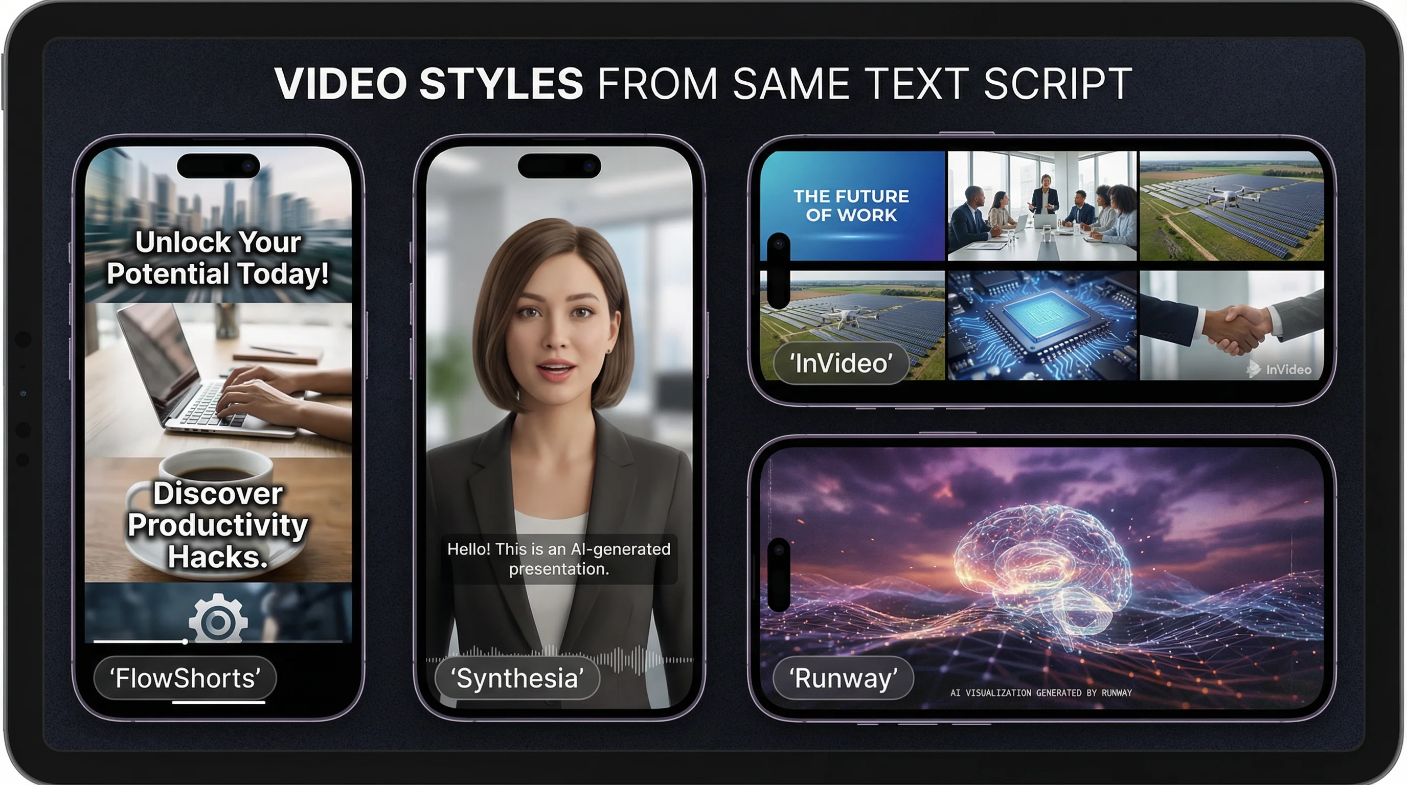 Side-by-side comparison of text to video AI tools showing different output styles from the same script: automated Shorts, stock footage compilation, AI presenter, and cinematic generation